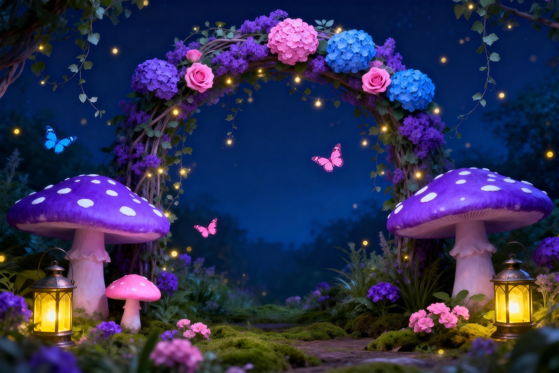 Enchanted Forest Photo Backdrop Night Fairy Arch Glowing Mushroom Forest Photo Backdrops UK RR63-128