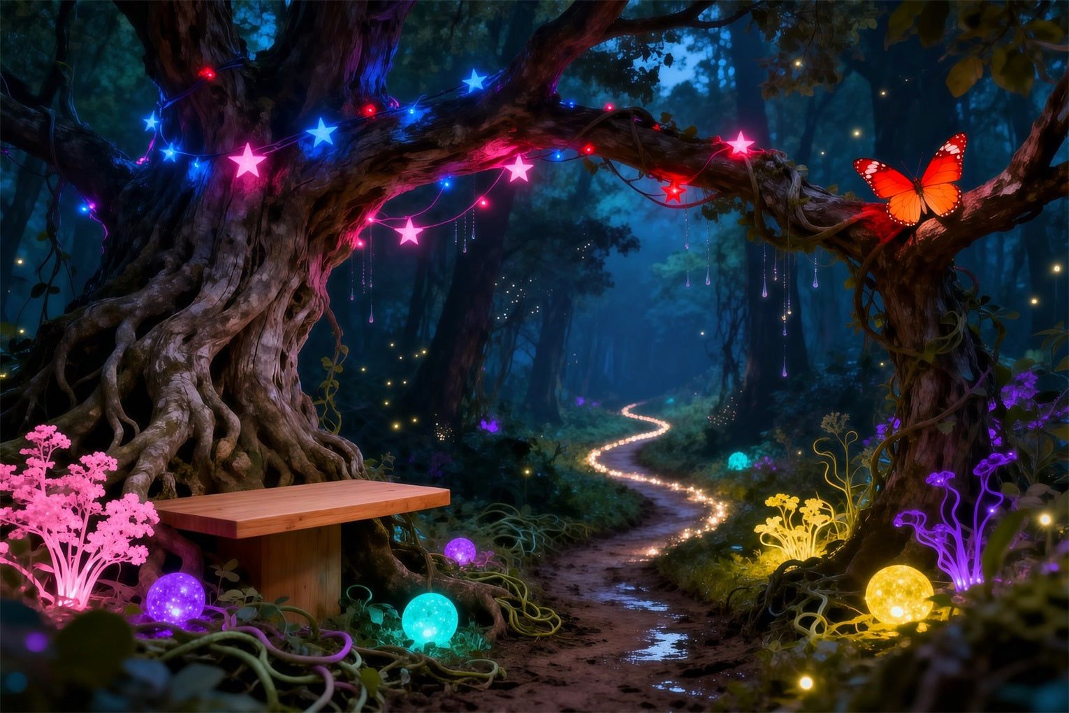 Enchanted Forest Backdrops Neon Fantasy Glowing Path Butterfly Forest Photography Backdrop UK RR63-130