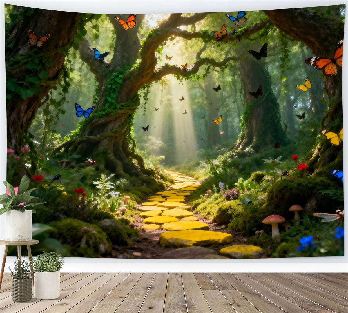 Forest Green Backdrop Golden Path Sunlight Butterfly Photography Backdrops Forest UK RR63-133