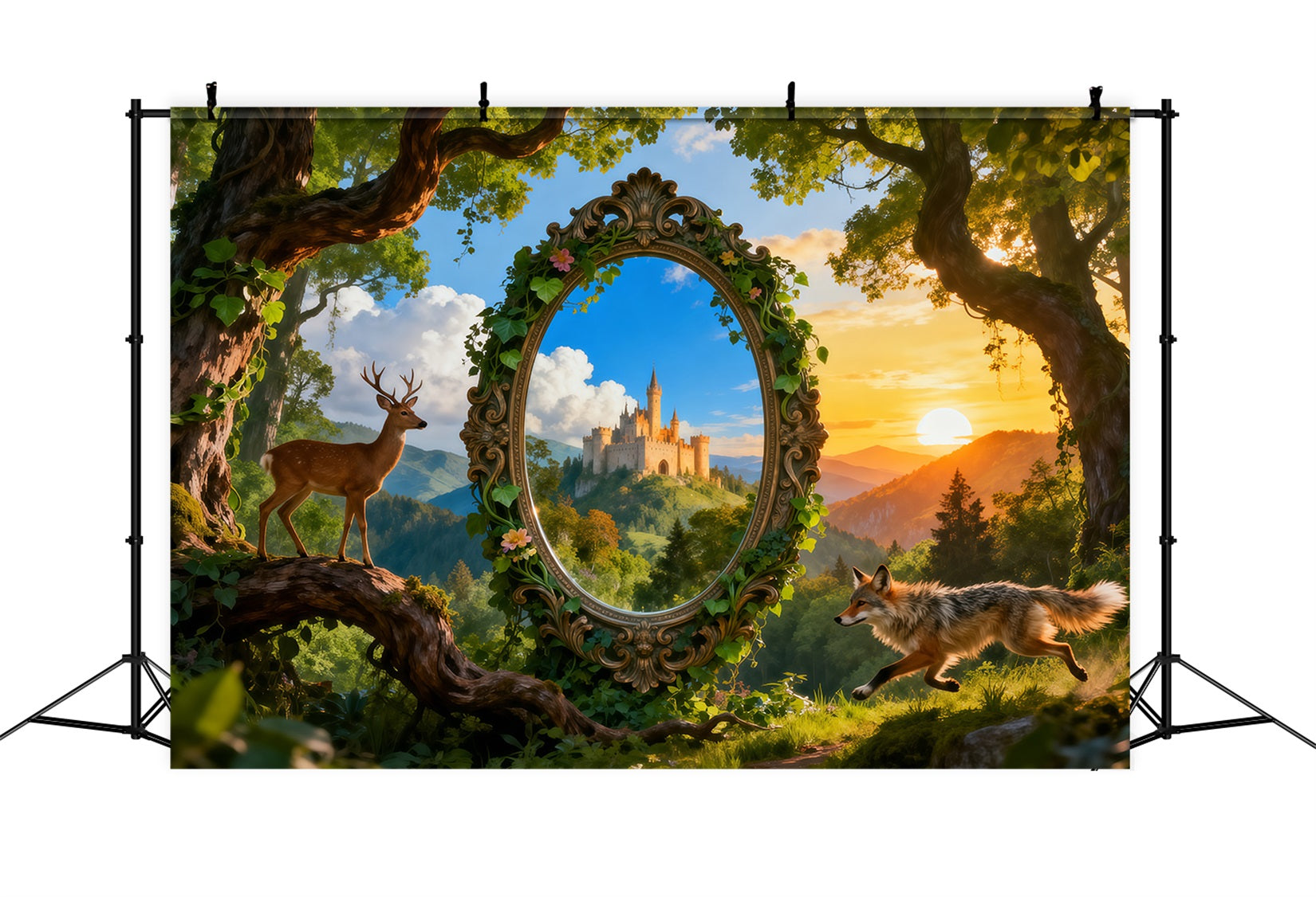 Fantasy Forest Backdrop Magic Mirror Castle Deer Fox Fairy Tale Forest Backdrop UK RR63-135