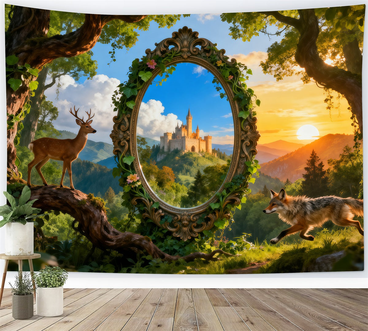 Fantasy Forest Backdrop Magic Mirror Castle Deer Fox Fairy Tale Forest Backdrop UK RR63-135