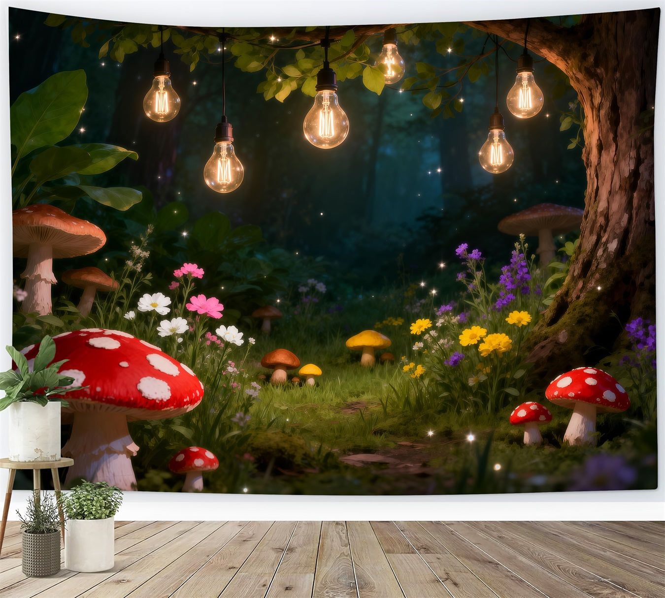 Forest Photography Backdrop Glowing Bulb Mushroom Fairy Photography Backdrop Forest UK RR63-136