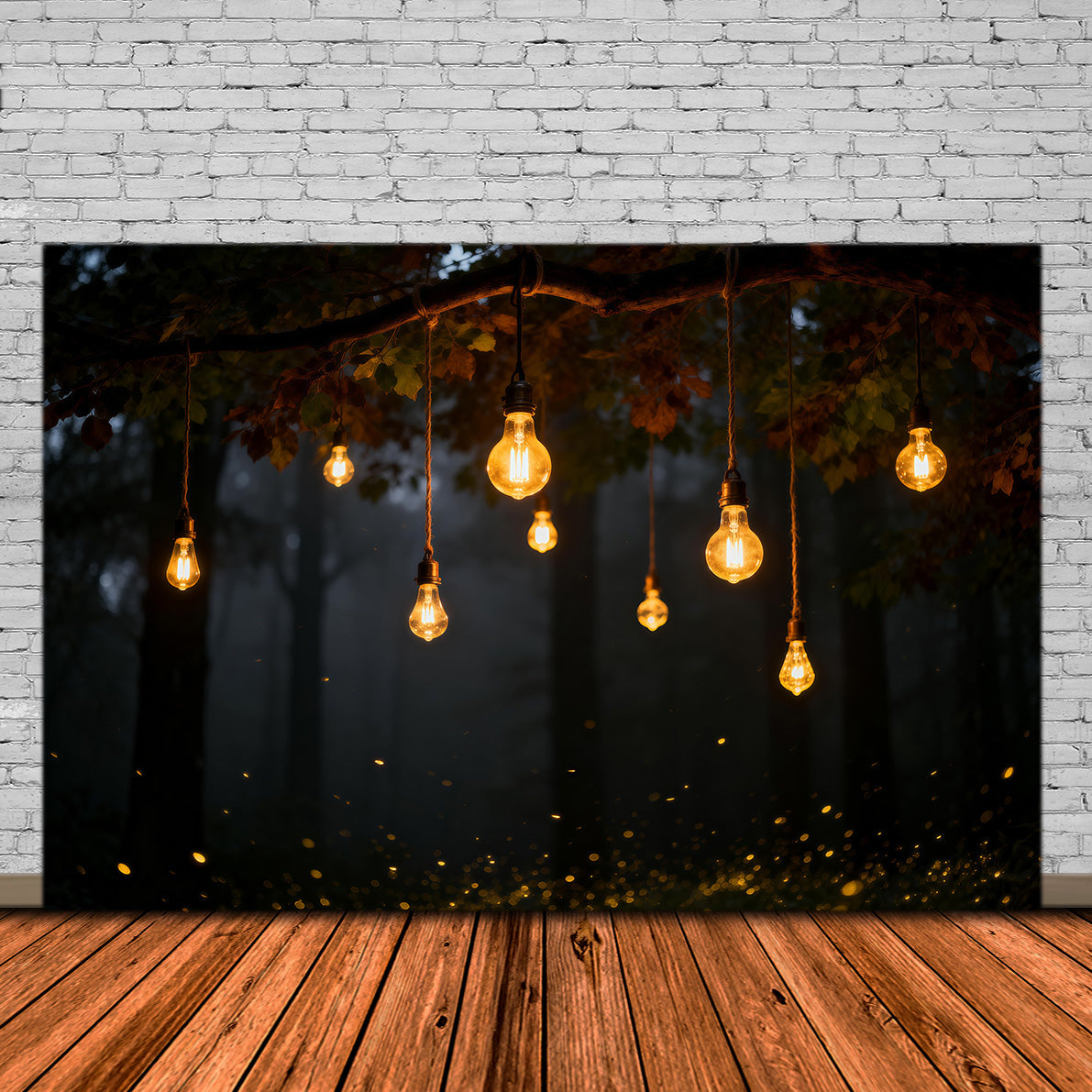 Photo Backdrop Forest Warm Hanging Bulbs Autumn Night Forest Photo Booth Backdrop UK RR63-137