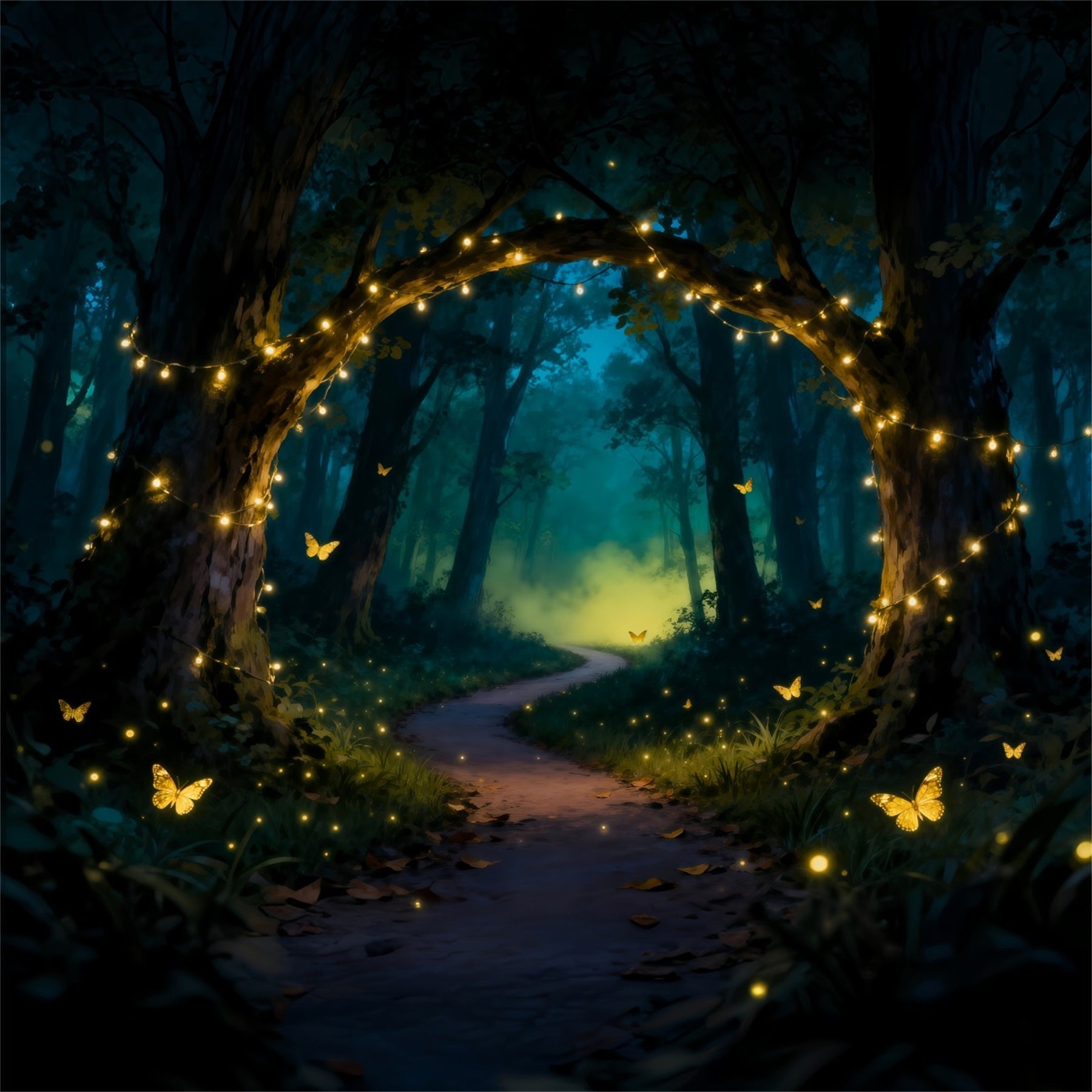 Enchanted Forest Theme Backdrop Golden Light Arch Butterfly Dream Path Forest Backdrop UK RR63-140