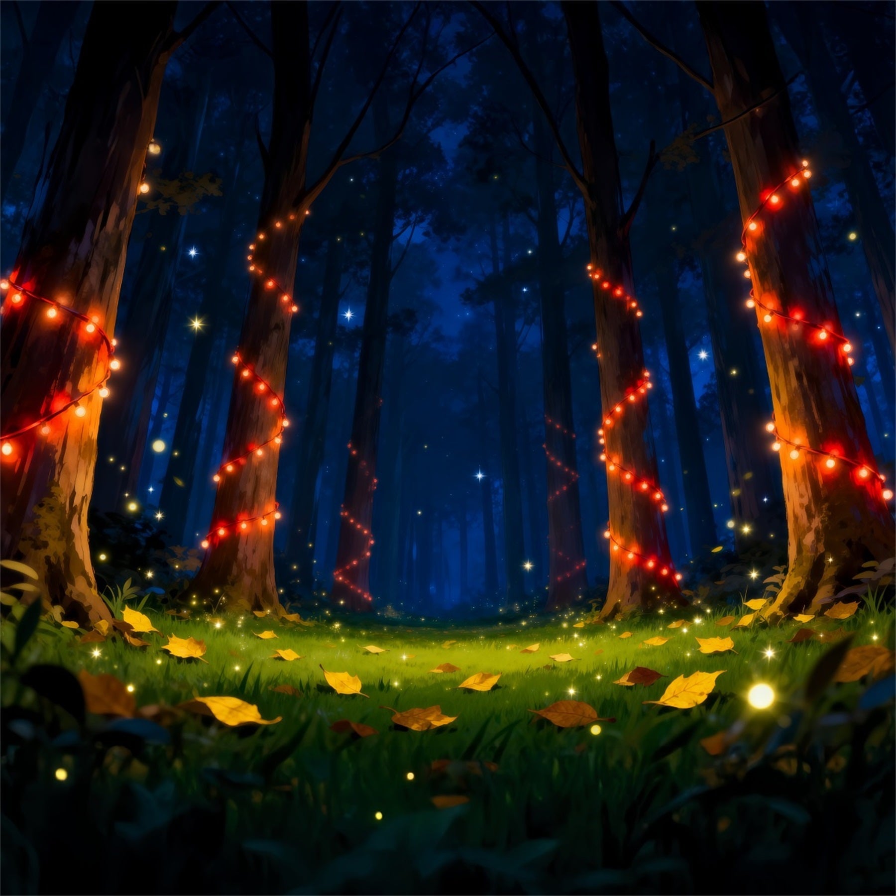 Backdrop Enchanted Forest Red String Lights Night Glowing Trees Night Forest Backdrop UK RR63-141