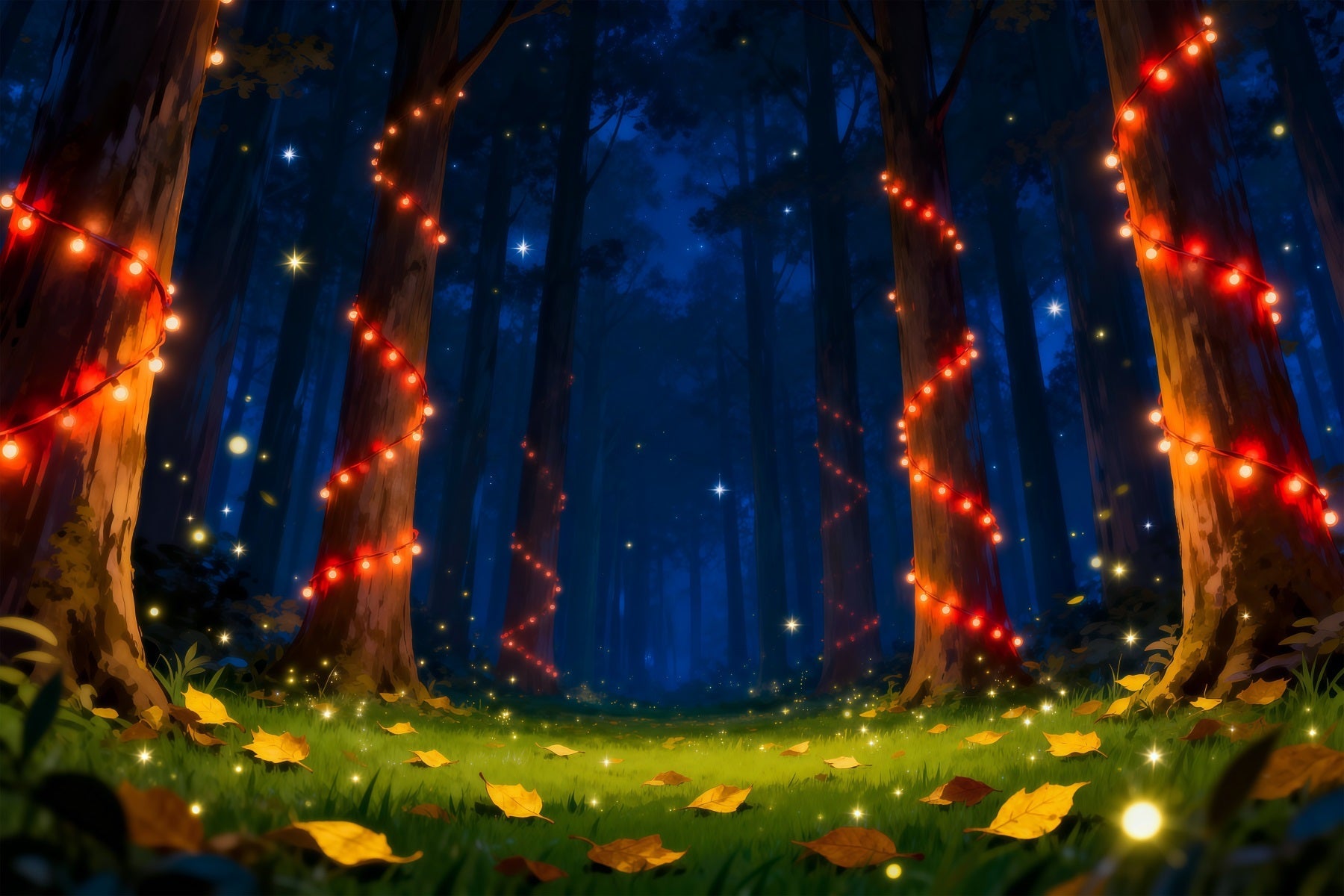 Backdrop Enchanted Forest Red String Lights Night Glowing Trees Night Forest Backdrop UK RR63-141