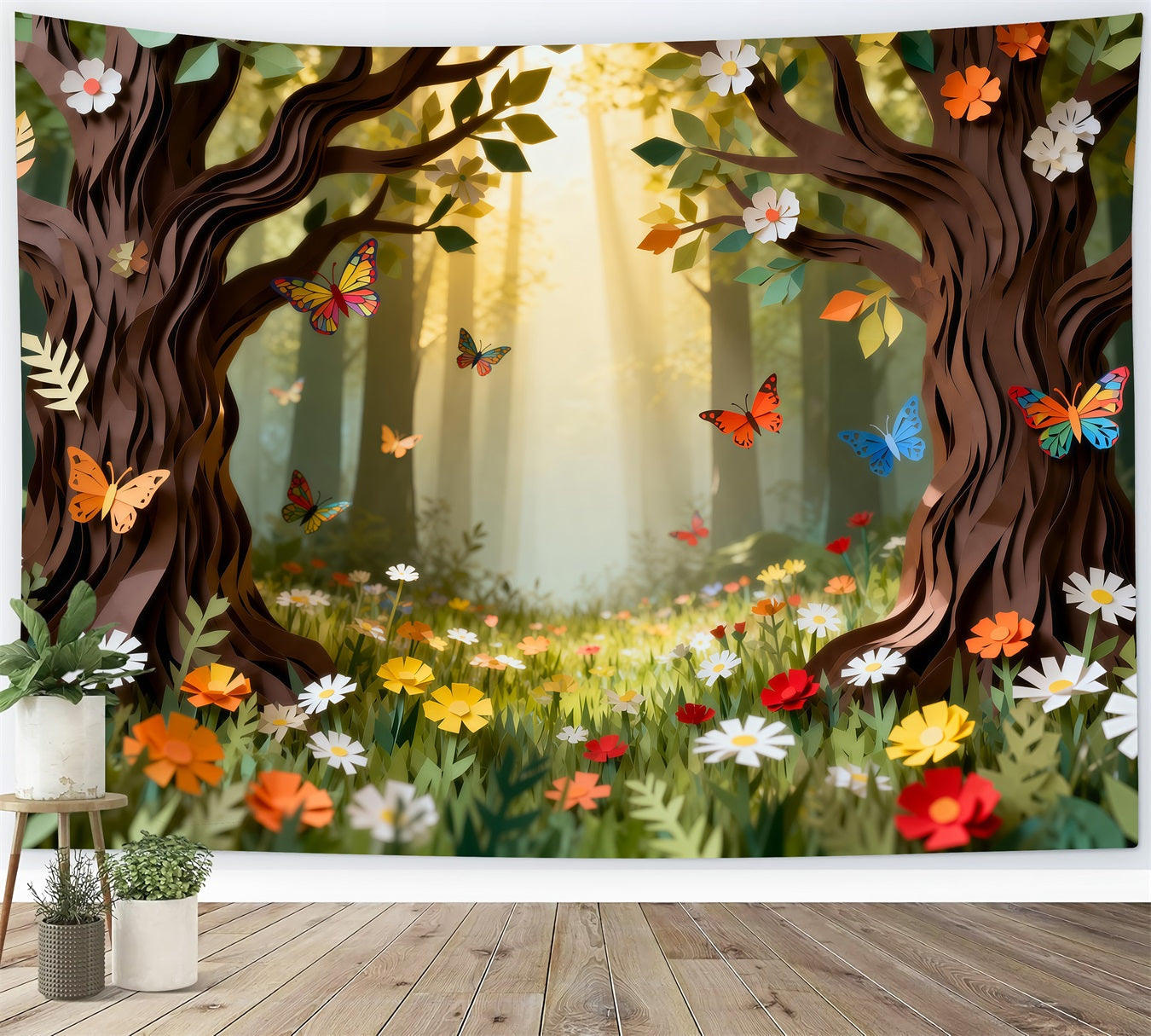 Forest Backdrop Cartoon Paper Cut Floral Butterfly Woodland Fairytale Forest Backdrop UK RR63-143