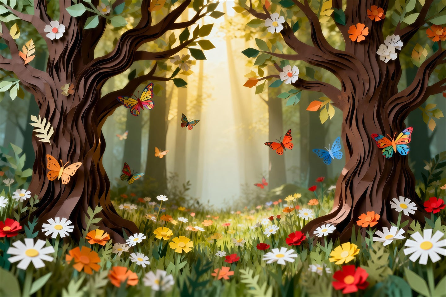 Forest Backdrop Cartoon Paper Cut Floral Butterfly Woodland Fairytale Forest Backdrop UK RR63-143