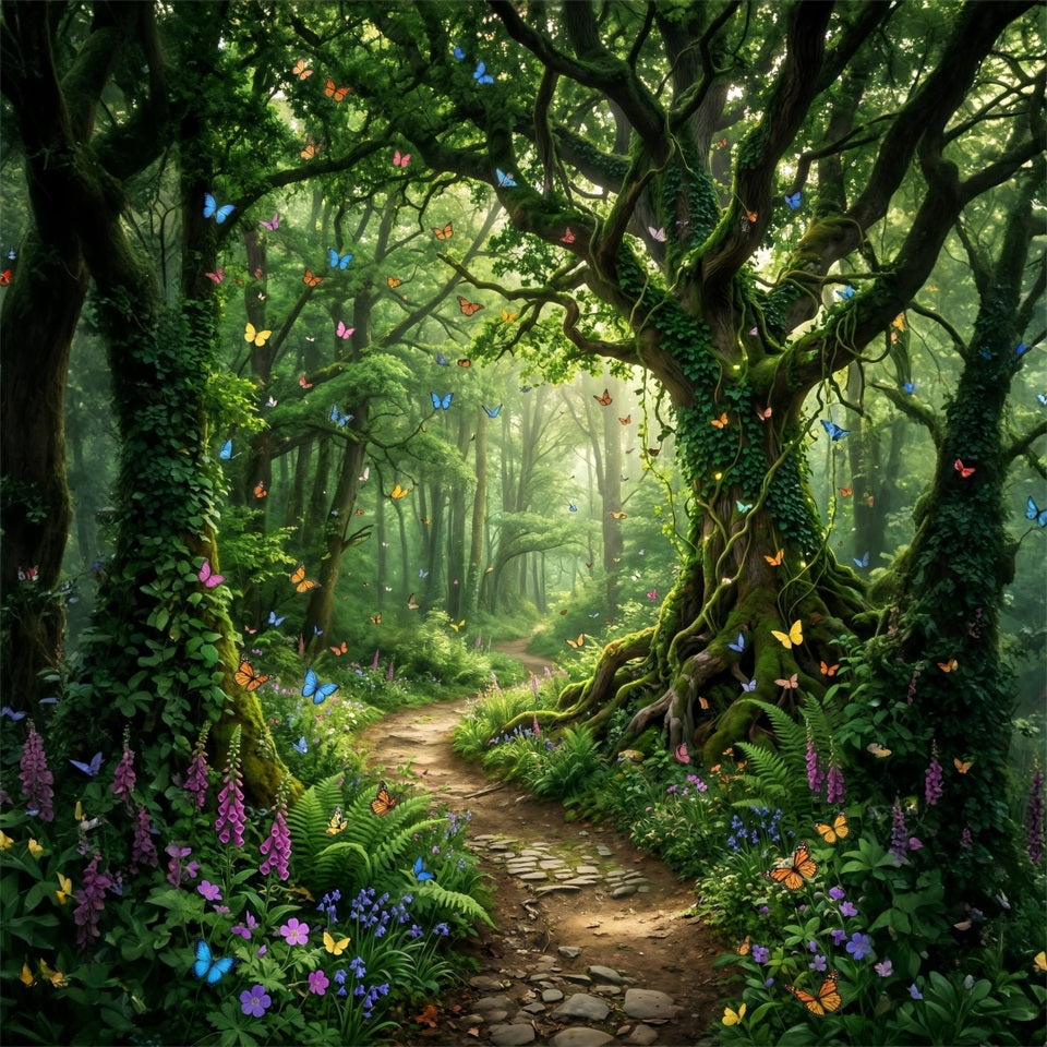 Fairytale Forest Backdrop Butterfly Filled Enchanted Woodland Path Green Forest Backdrop UK RR63-145