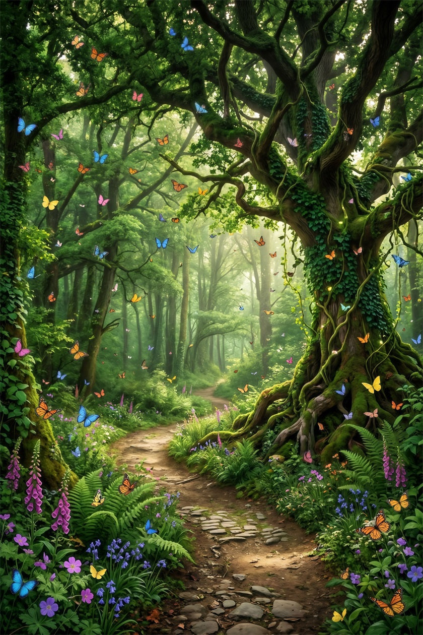 Fairytale Forest Backdrop Butterfly Filled Enchanted Woodland Path Green Forest Backdrop UK RR63-145