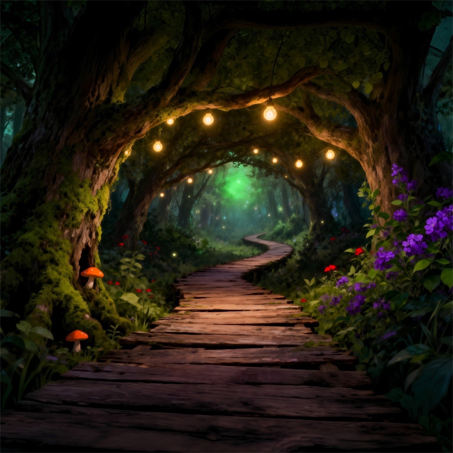 Woodland Forest Backdrop Glowing String Light Wooden Path Tunnel Backdrop Enchanted Forest UK RR63-146
