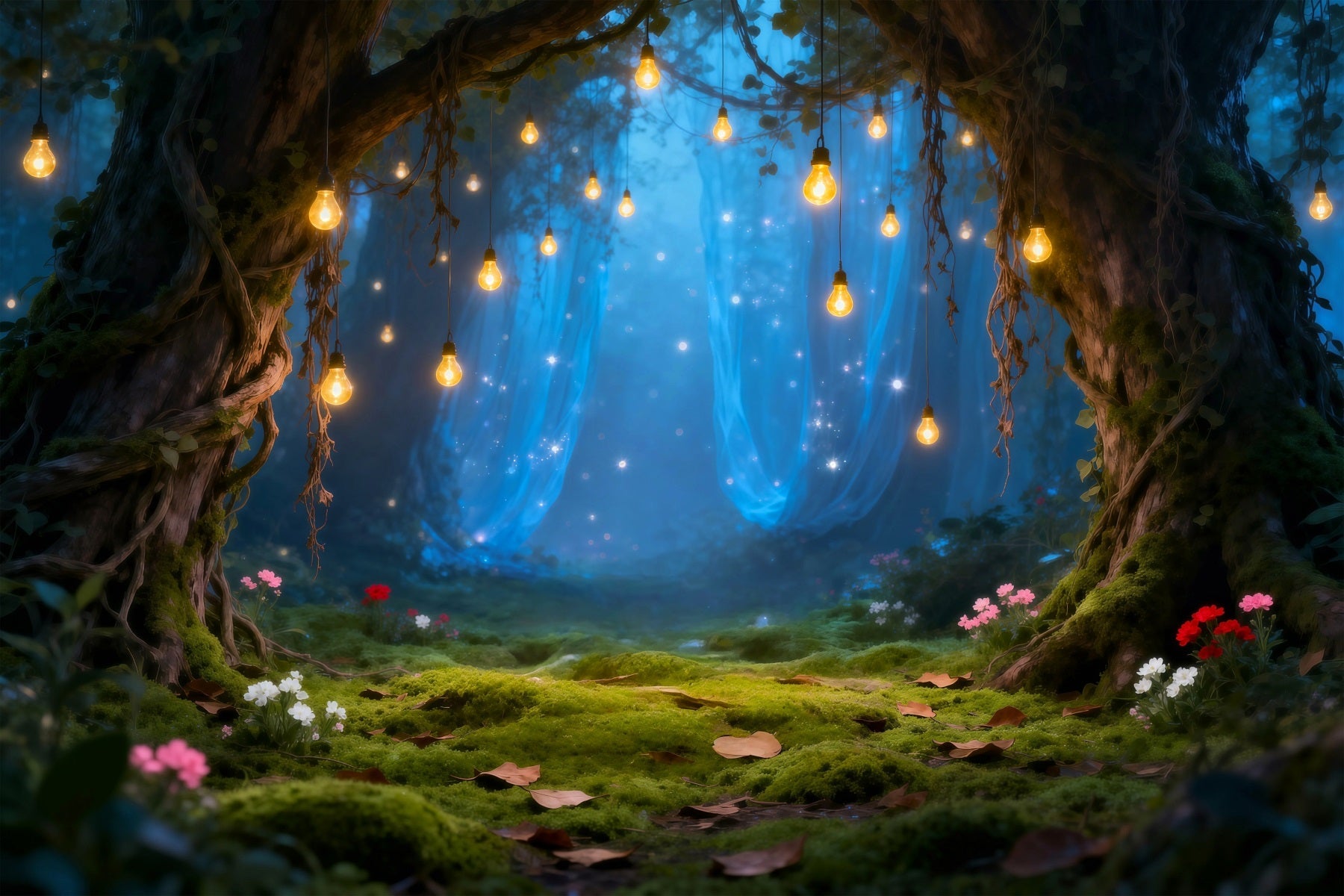Rain Forest Backdrop Hanging Bulb Magical Mossy Clearing Enchanted Forest Theme Backdrop UK RR63-147