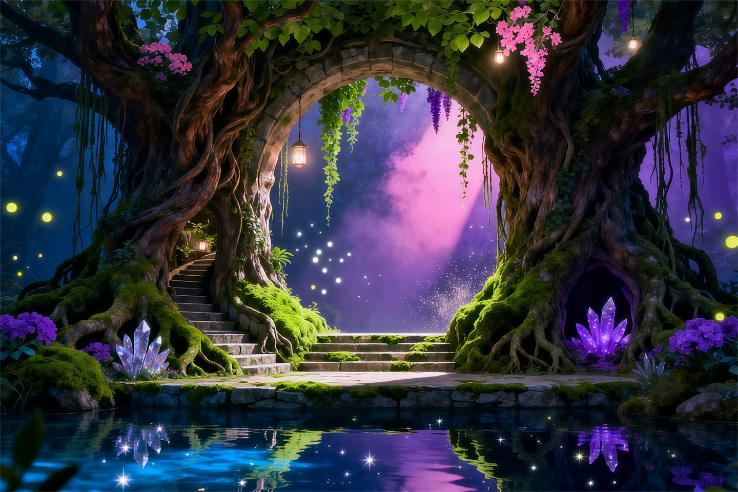Forest Theme Backdrop Enchanted Tree Arch Crystal Reflection Pool Forest Scene Backdrop UK RR63-149