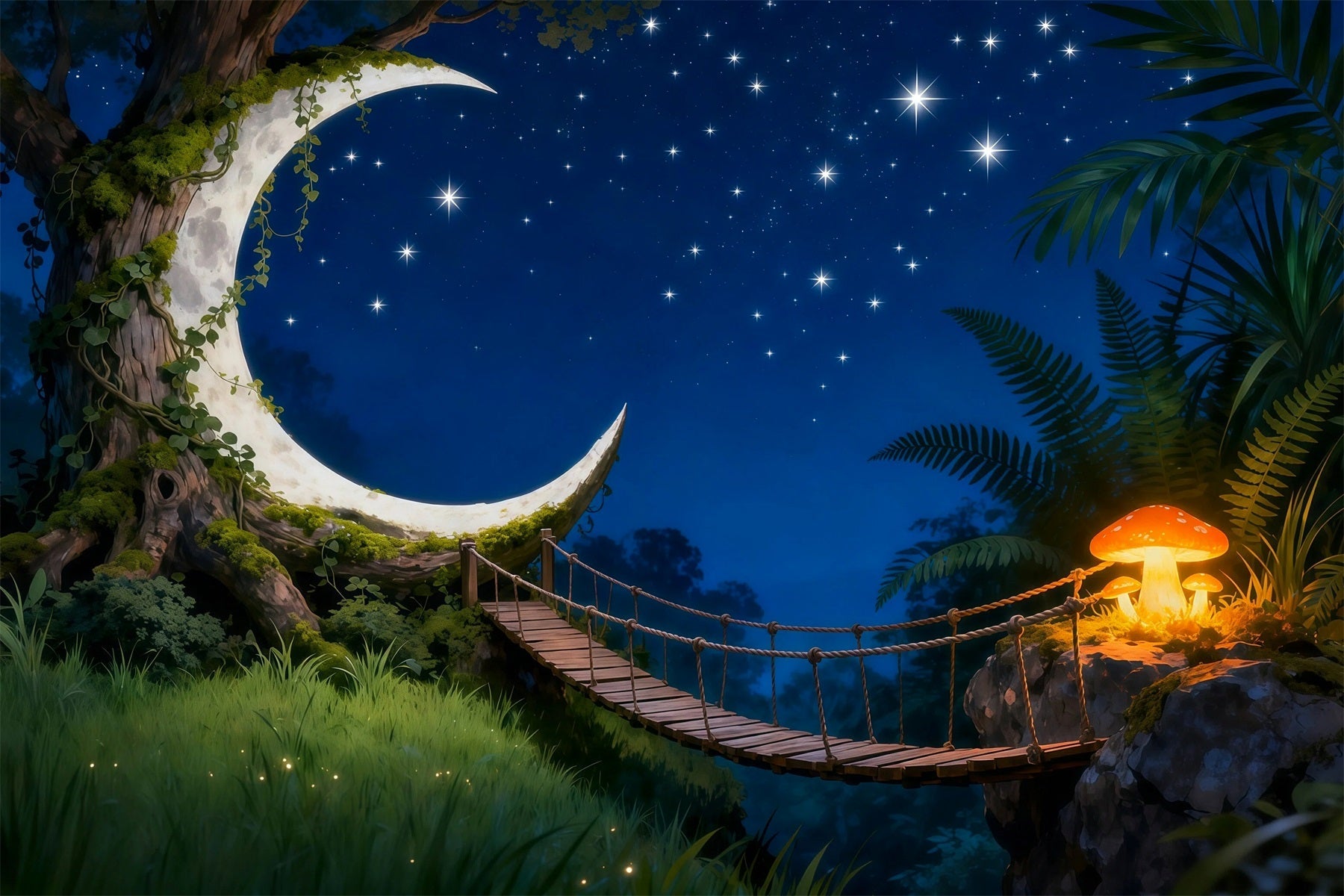 Twilight Forest Backdrop Crescent Moon Bridge Starry Night Forest Themed Backdrop UK RR63-150