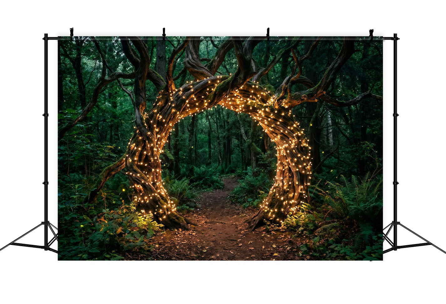 Backdrop Forest Theme Twisted Tree Arch Golden Fairy Lights Green Forest Backdrop UK RR63-153