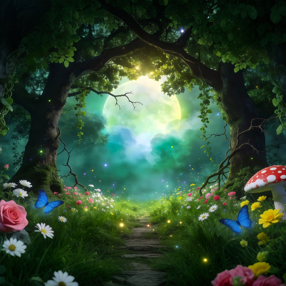 Fairy Tale Forest Backdrop Moonlit Forest Clearing Giant Moon Glow Forest Backdrop Photography UK RR63-159
