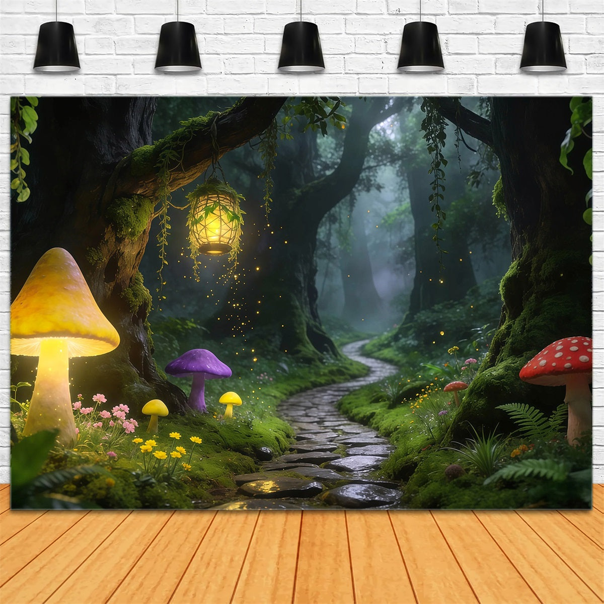 Forest Backdrop For Photography Glowing Mushroom Path Lantern Trail Rainforest Backdrop UK RR63-161