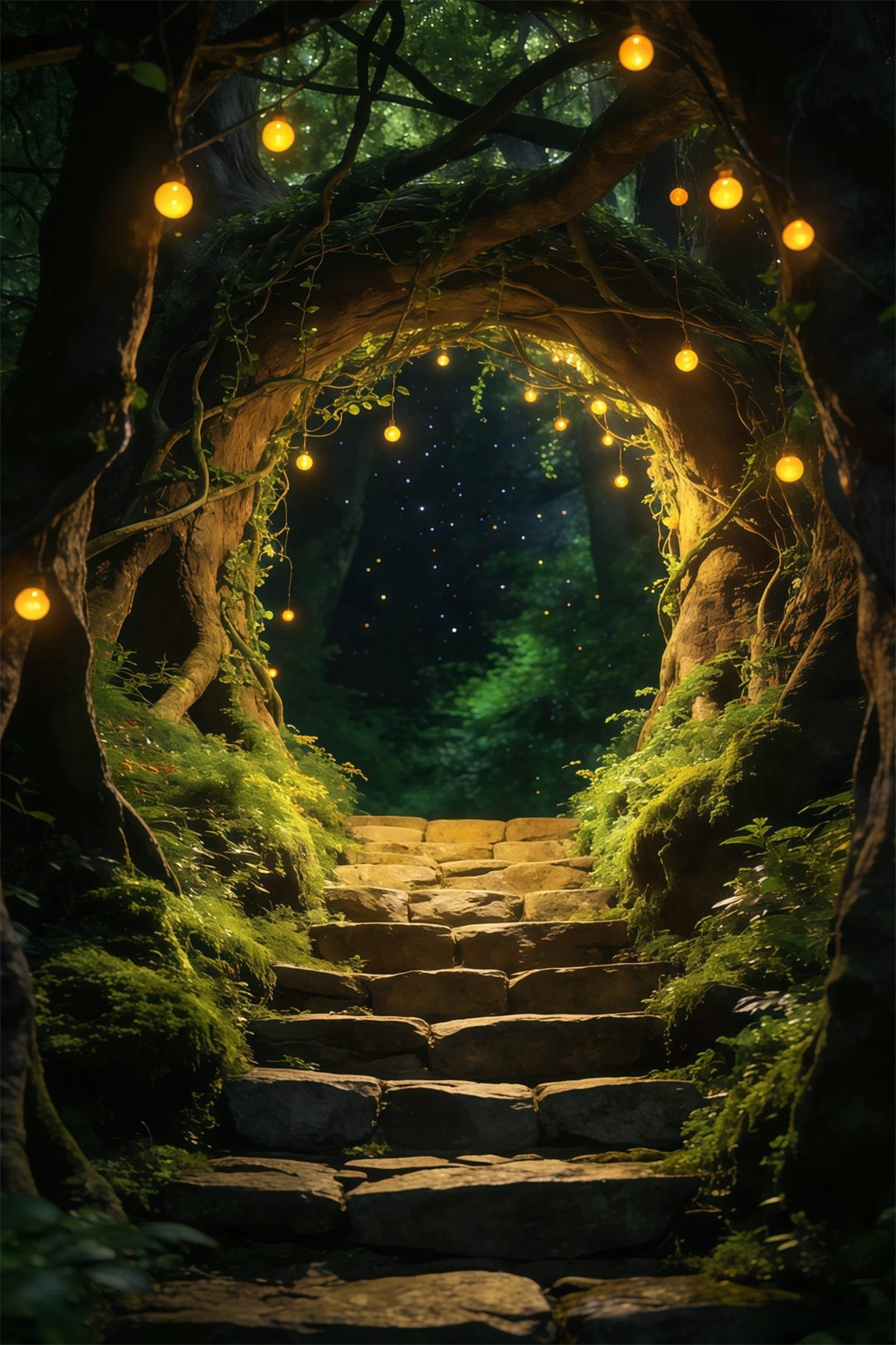 Forest Photo Booth Backdrop Enchanted Tree Arch Golden Hanging Lights Backdrop Forest UK RR63-163
