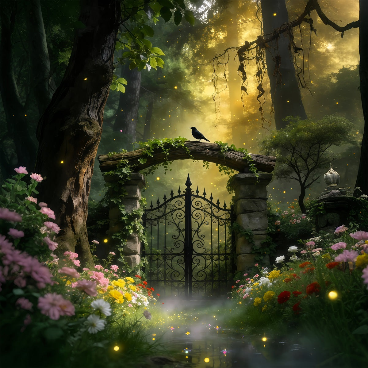 Backdrops Forest Vintage Iron Gate Bird Garden Glow Forest Photography Backdrop UK RR63-164