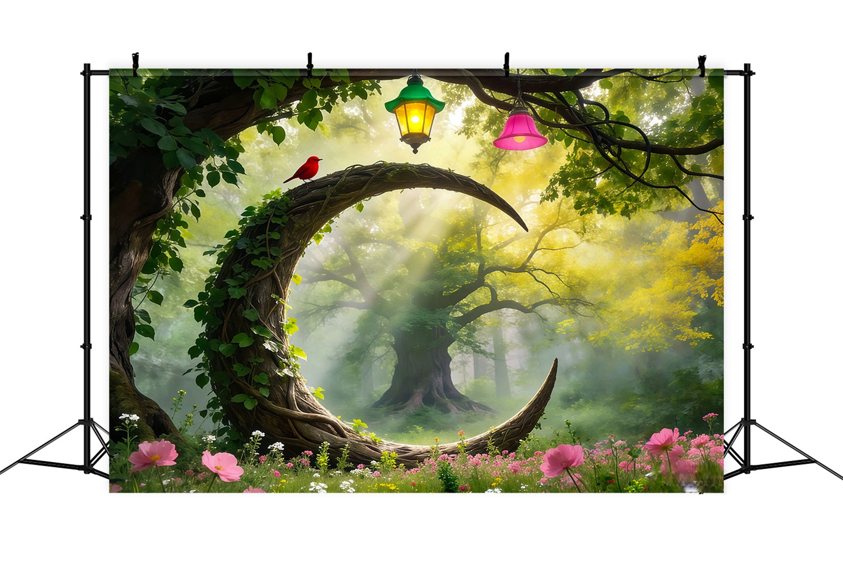 Forest Green Backdrop Curved Vine Arch Red Bird Lanterns Forest Photo Backdrop UK RR63-166