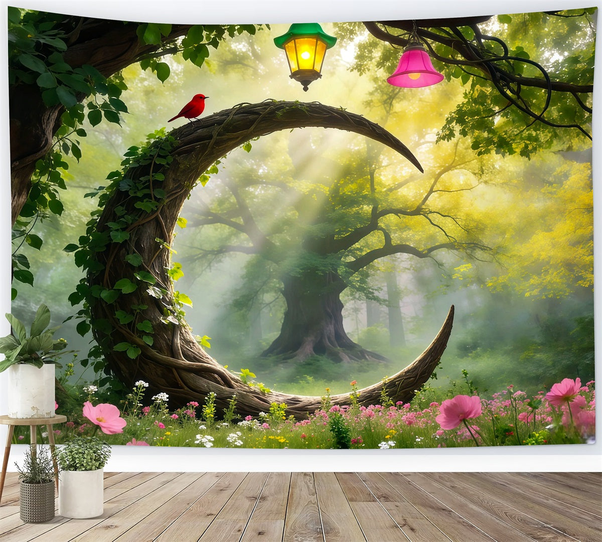 Forest Green Backdrop Curved Vine Arch Red Bird Lanterns Forest Photo Backdrop UK RR63-166