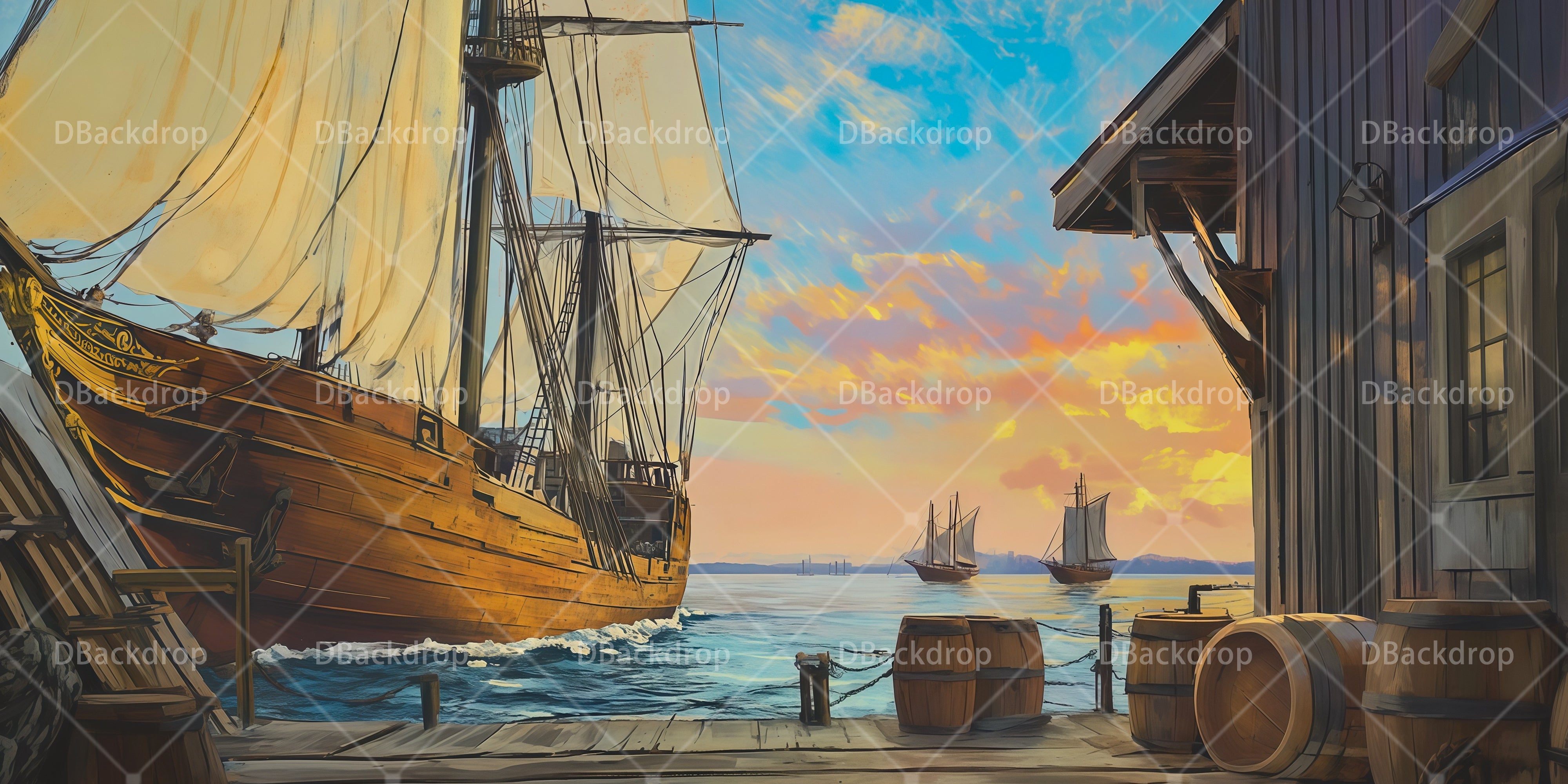 Professional Stage Backdrops Ocean Wharf Dock Theater UK Backdrop RR66-T73
