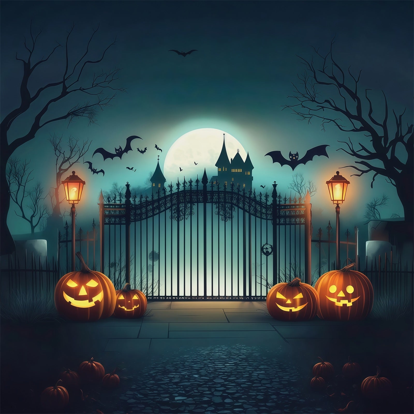 Halloween Backdrop Photo Haunted Castle Gate Pumpkins Halloween Party Backdrop UK RR67-10