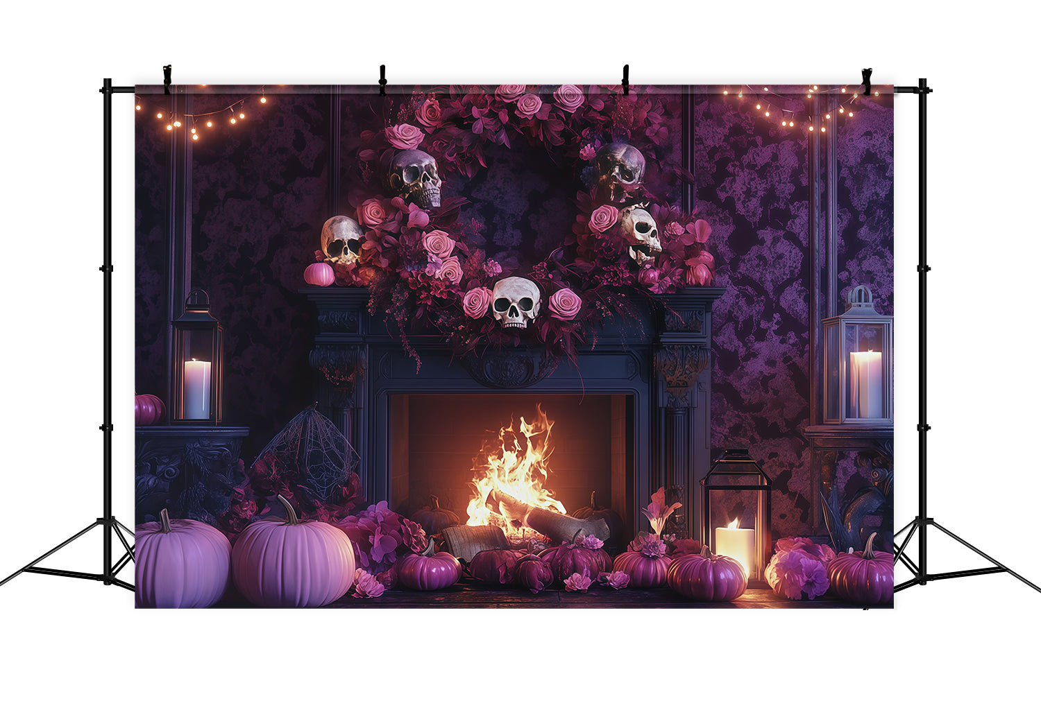 Halloween Theme Backdrop Skull Rose Fireplace Mantel Halloween Backdrop For Photos UK RR67-104