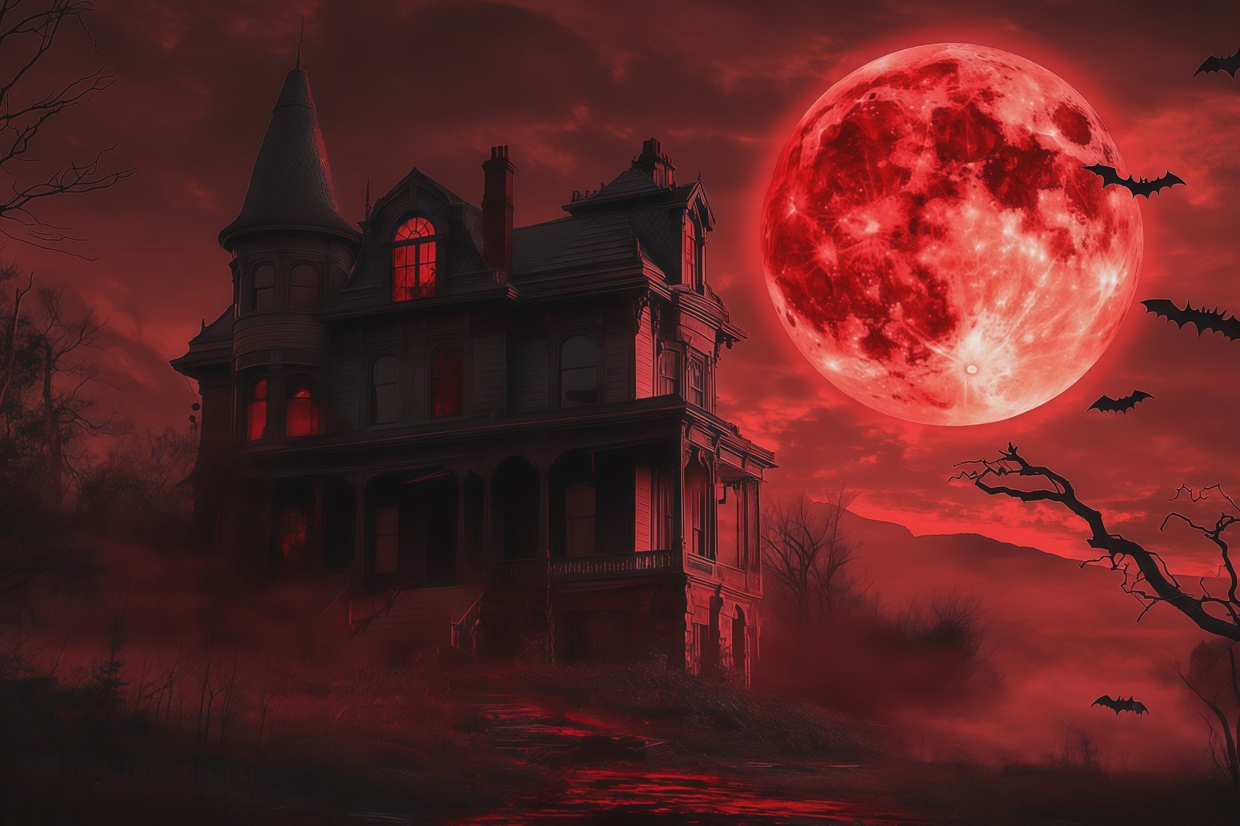 Halloween Moon Backdrop Blood Sky Haunted Mansion Halloween Photo Backdrops UK RR67-108