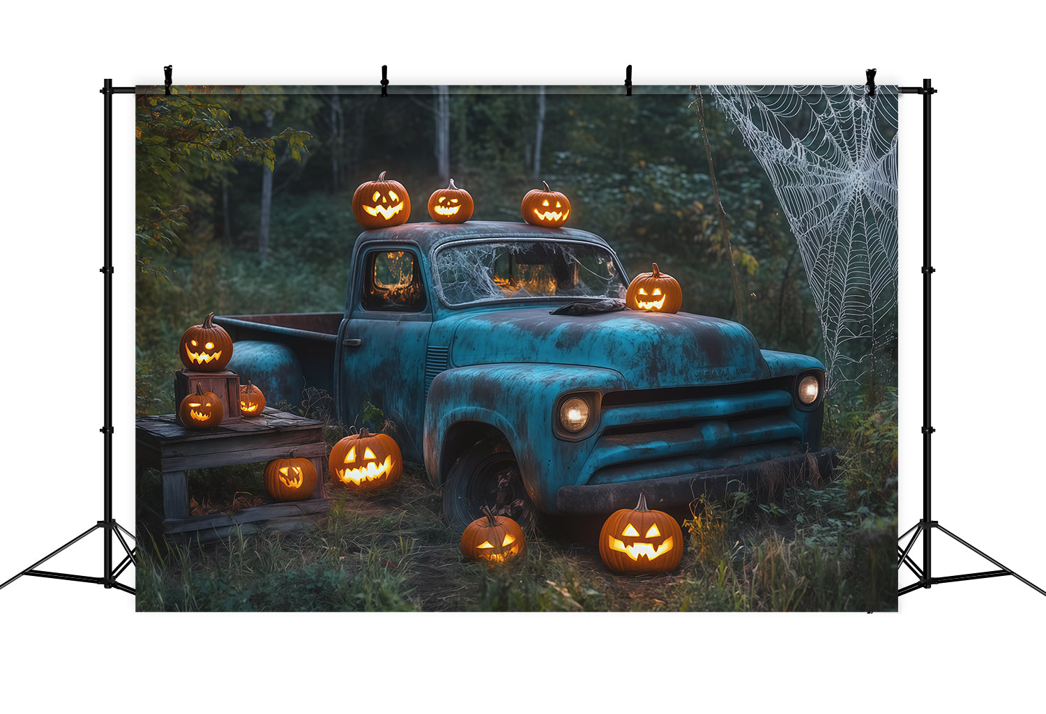 Outdoor Halloween Backdrop Vintage Truck Pumpkin Web Spooky Halloween Backdrop UK RR67-109
