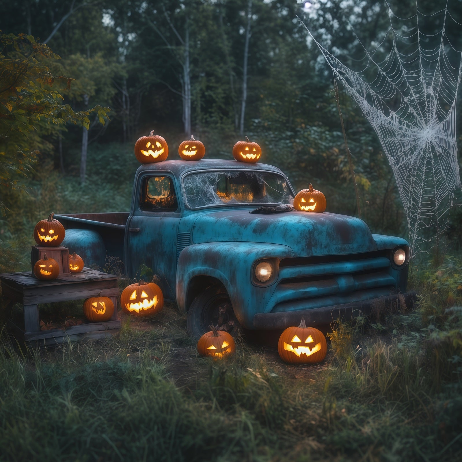Outdoor Halloween Backdrop Vintage Truck Pumpkin Web Spooky Halloween Backdrop UK RR67-109