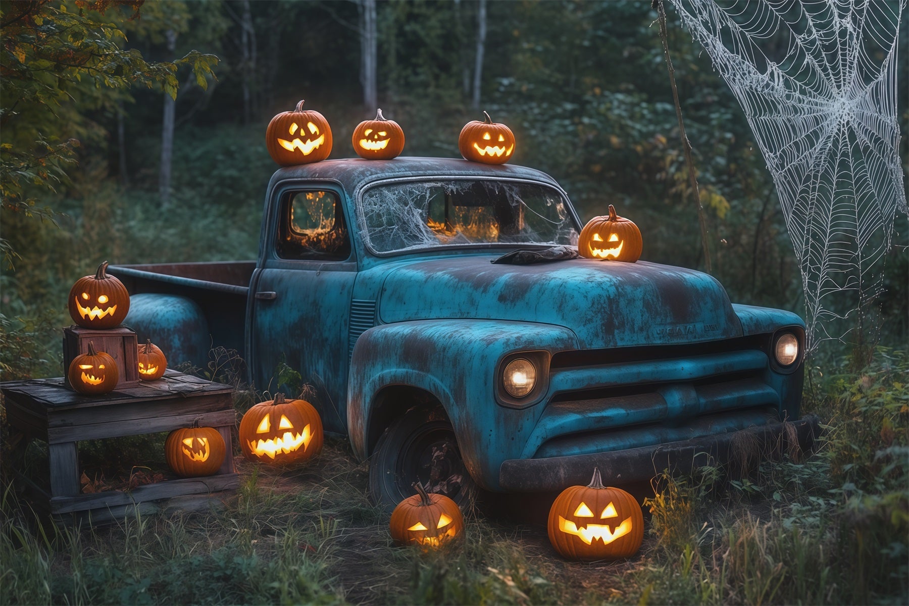 Outdoor Halloween Backdrop Vintage Truck Pumpkin Web Spooky Halloween Backdrop UK RR67-109