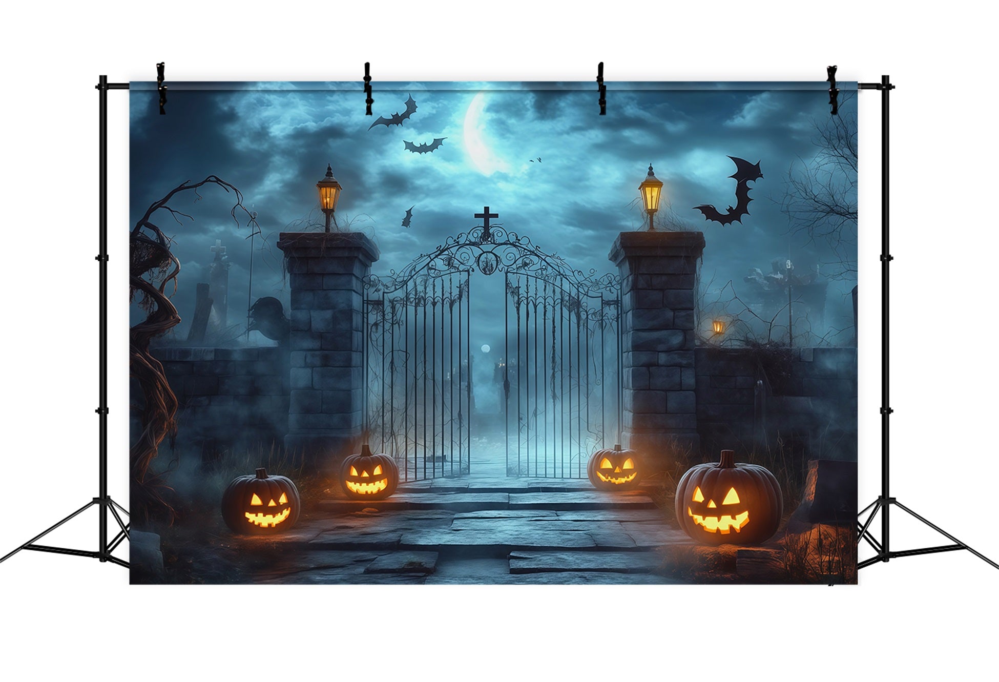 Halloween Outdoor Backdrop Foggy Cemetery Gate Pumpkins Halloween Backdrops For Photos UK RR67-11
