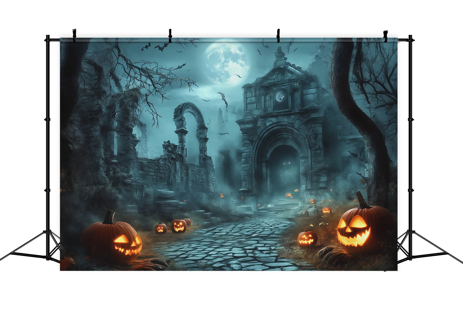 Halloween Outdoor Backdrop Moonlit Ruins Pumpkin Path Halloween Backdrops For Photos UK RR67-111