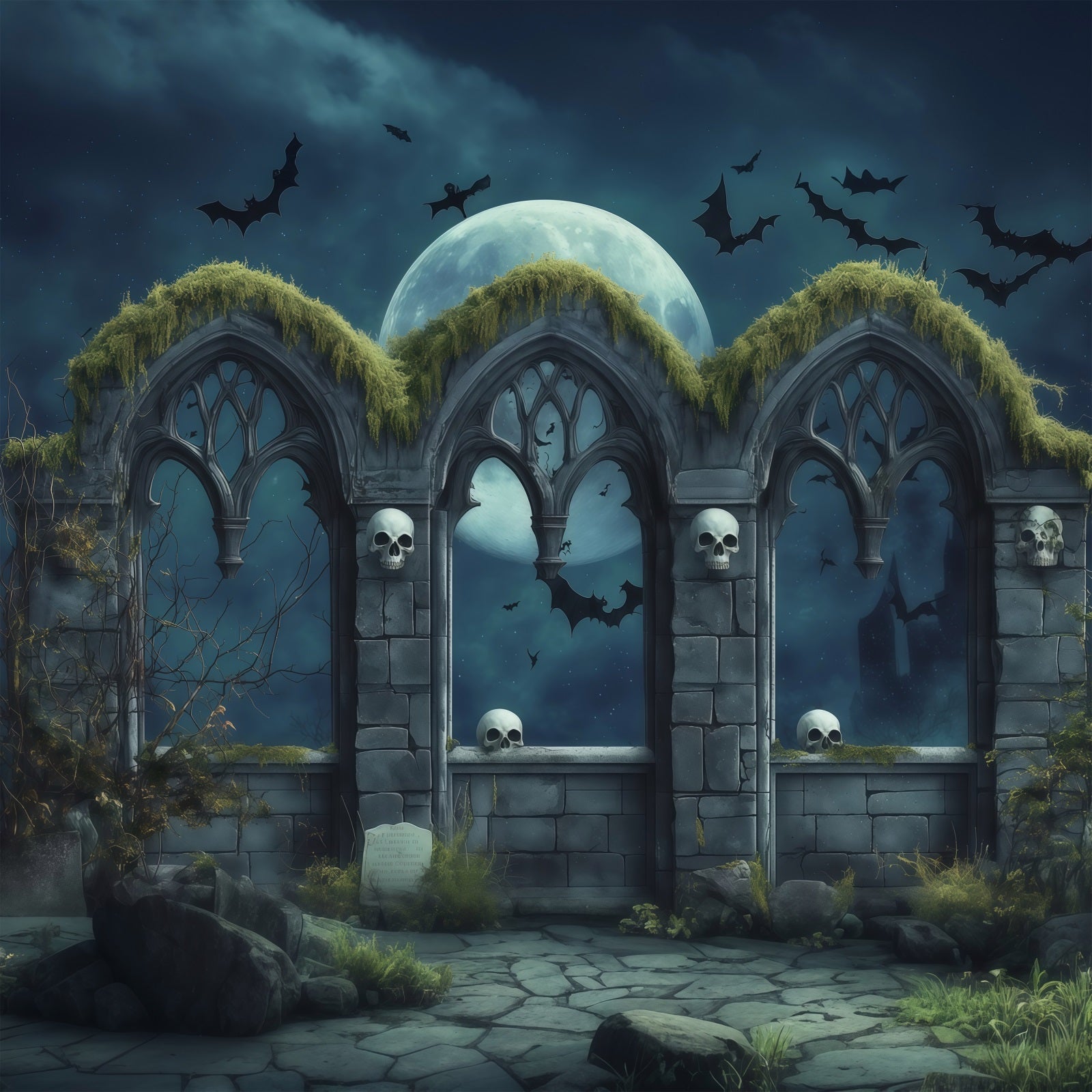 Custom Halloween Backdrop Gothic Skull Moon Arches Halloween Graveyard Backdrop UK RR67-114