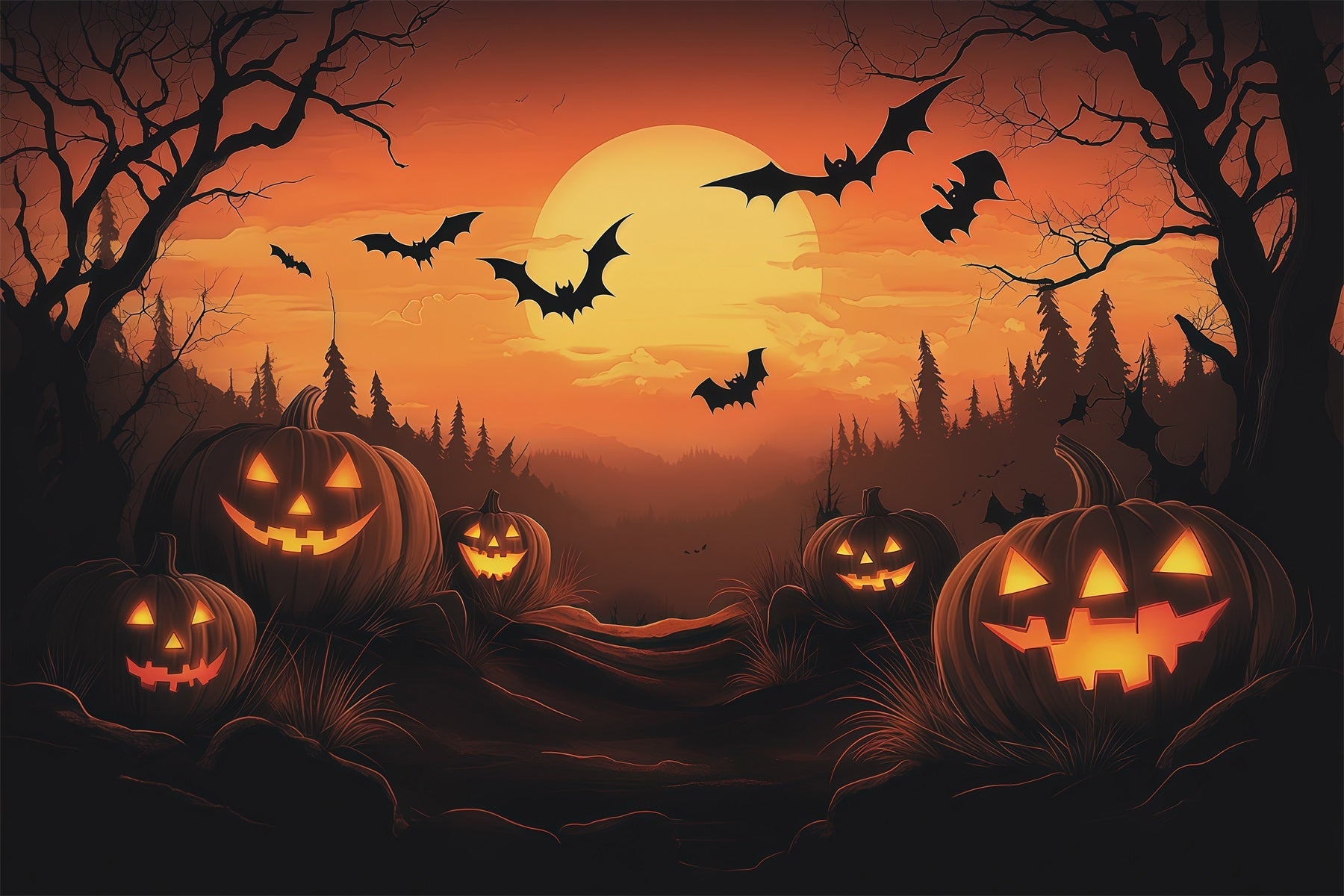 Photo Booth Halloween Backdrop Ideas Sunset Pumpkin Bat Forest Halloween Picture Backdrop UK RR67-115