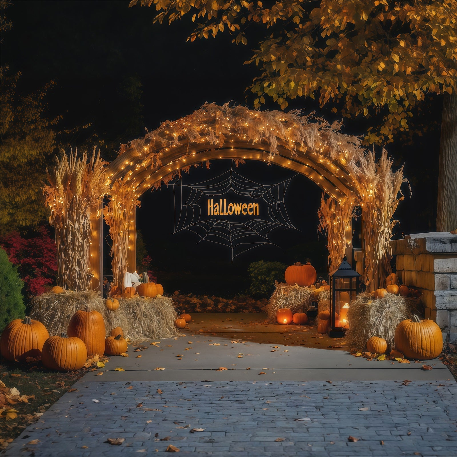 Fall Halloween Backdrop Harvest Hay Pumpkin Arch Scary Halloween Backdrops UK RR67-117
