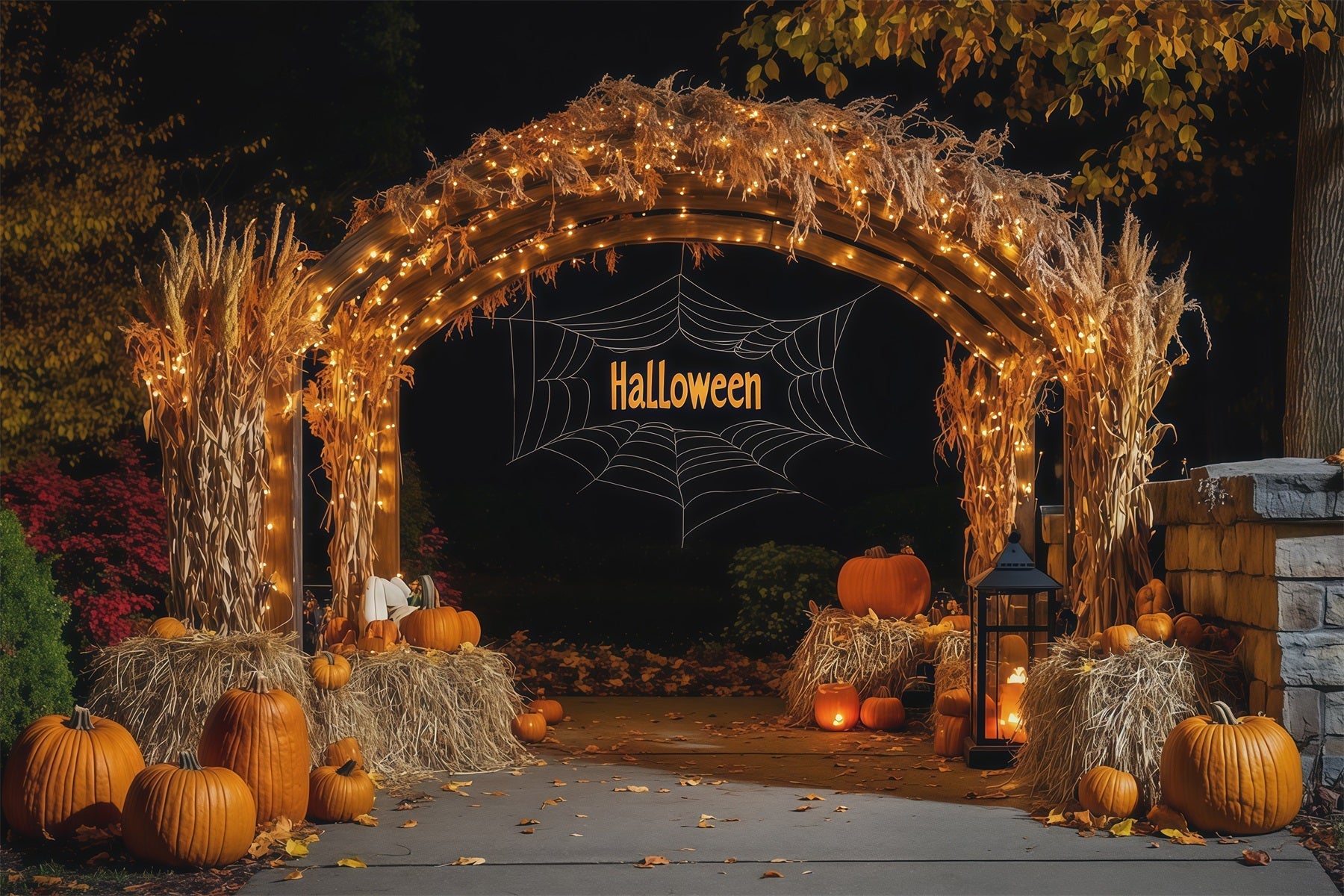 Fall Halloween Backdrop Harvest Hay Pumpkin Arch Scary Halloween Backdrops UK RR67-117