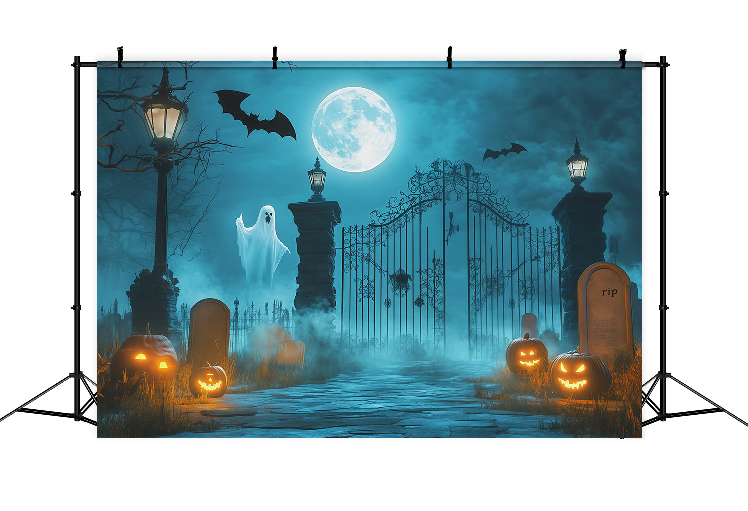 Halloween Ghost Backdrop Moonlit Ghost Cemetery Gate Scary Halloween Backdrop UK RR67-118