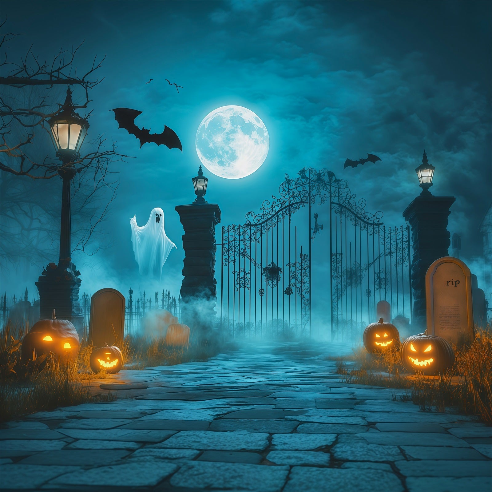 Halloween Ghost Backdrop Moonlit Ghost Cemetery Gate Scary Halloween Backdrop UK RR67-118