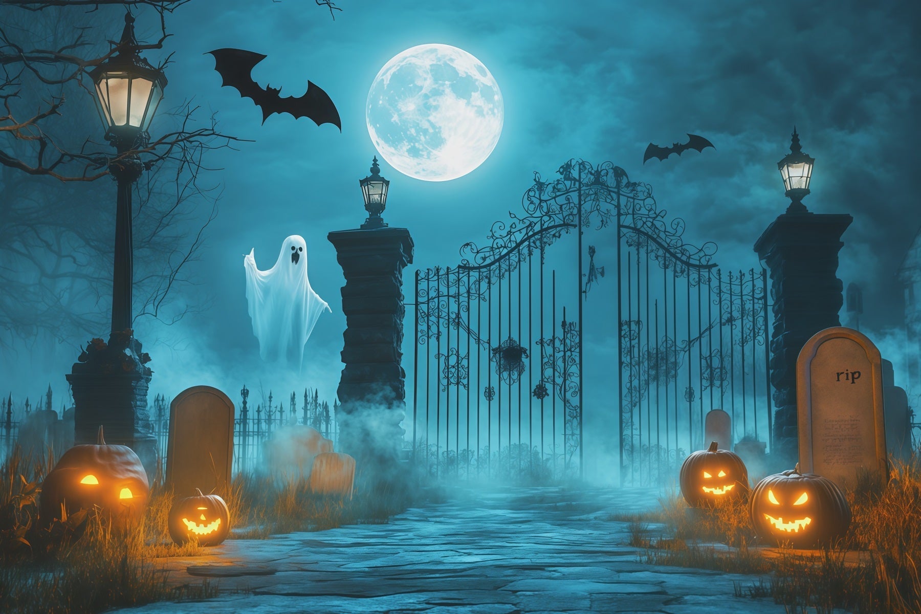 Halloween Ghost Backdrop Moonlit Ghost Cemetery Gate Scary Halloween Backdrop UK RR67-118