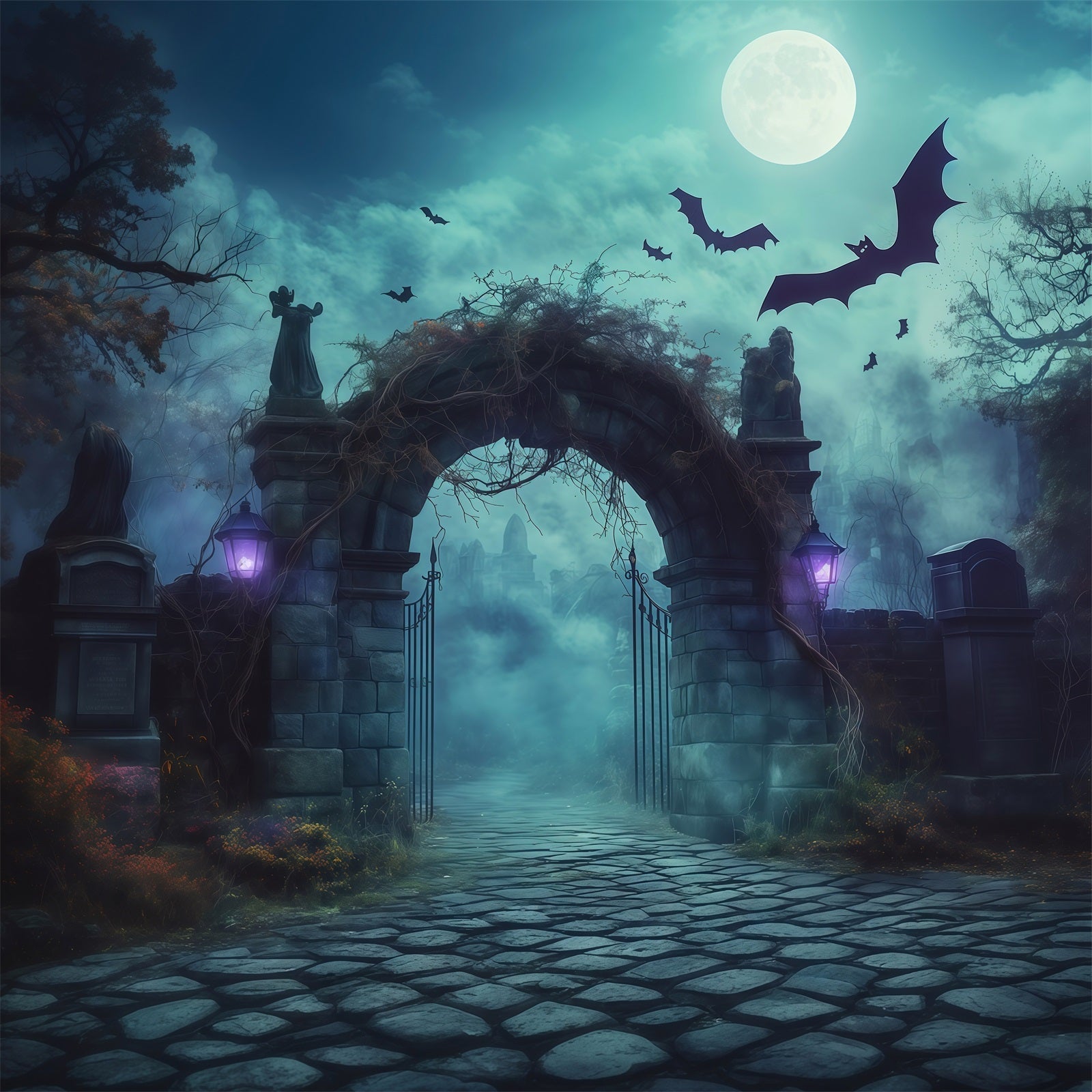 Halloween Backdrop Outdoor Foggy Cemetery Stone Arch Photo Backdrop Halloween UK RR67-121