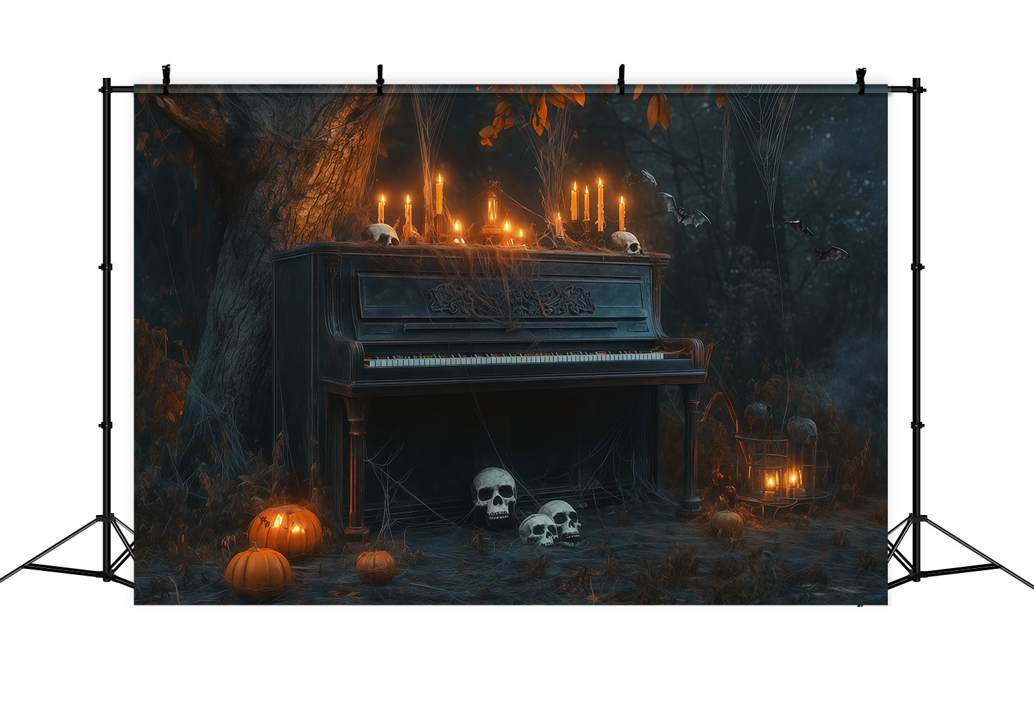 Halloween Graveyard Backdrops Candlelit Piano Skull Forest Photo Booth Halloween Backdrop UK RR67-122