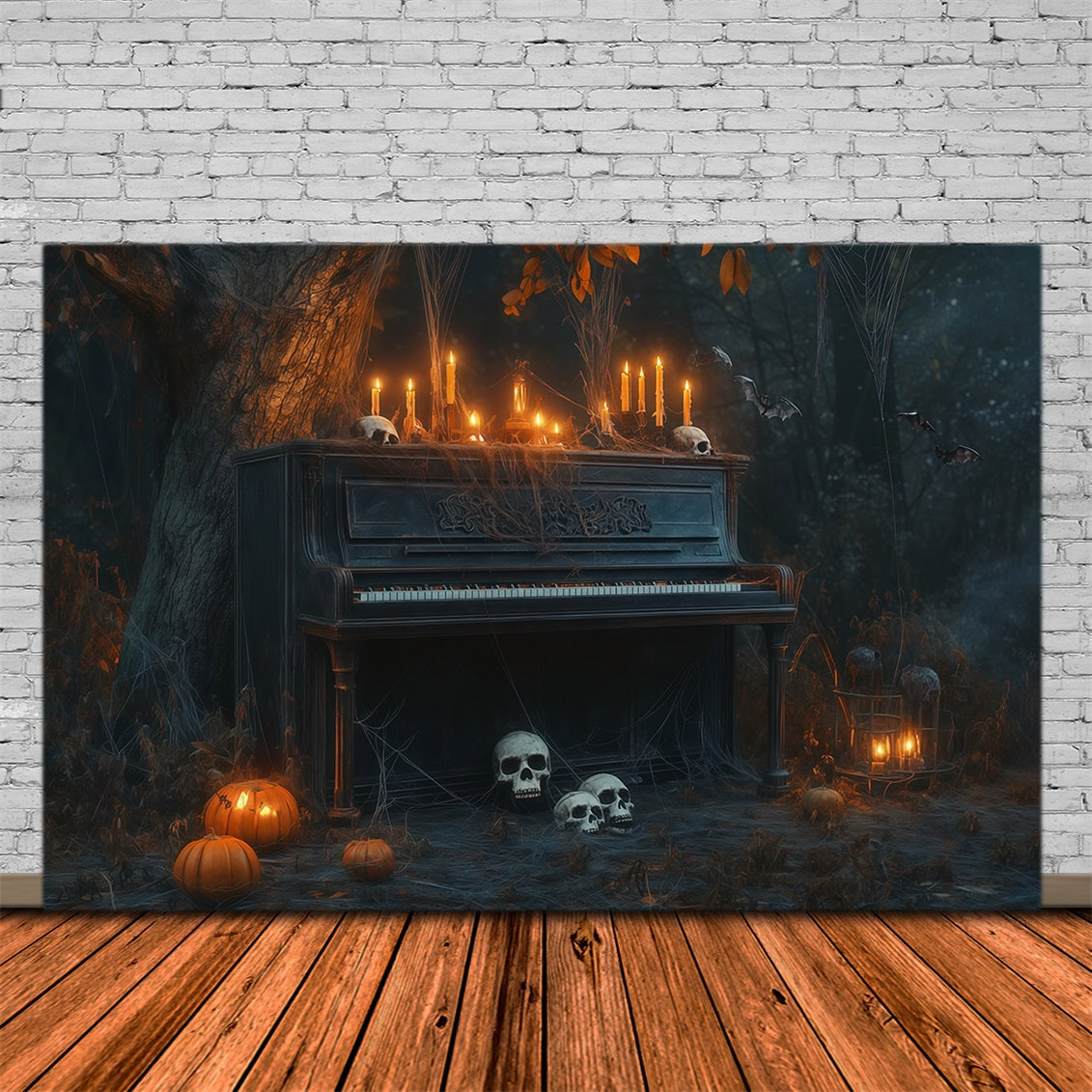 Halloween Graveyard Backdrops Candlelit Piano Skull Forest Photo Booth Halloween Backdrop UK RR67-122