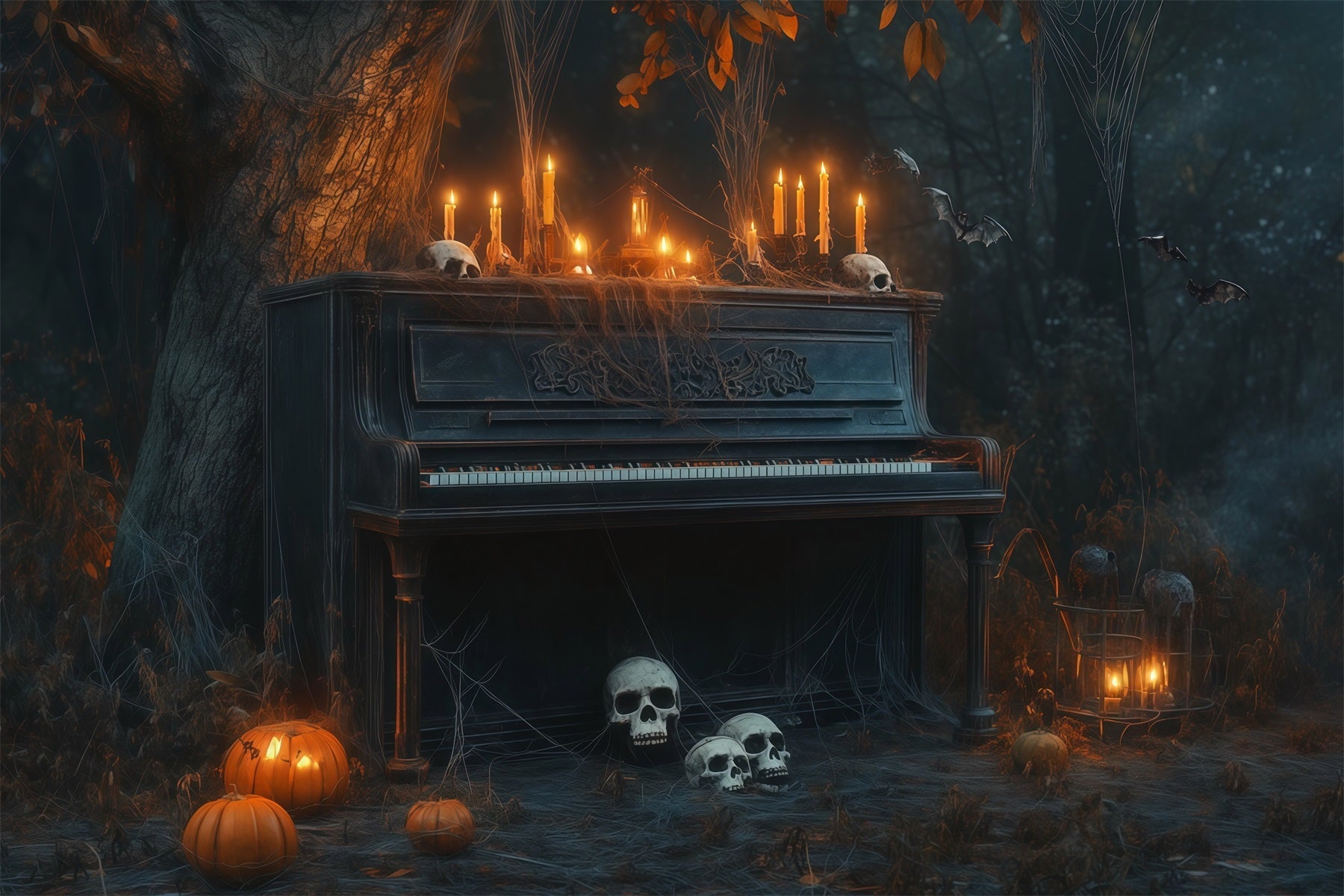 Halloween Graveyard Backdrops Candlelit Piano Skull Forest Photo Booth Halloween Backdrop UK RR67-122