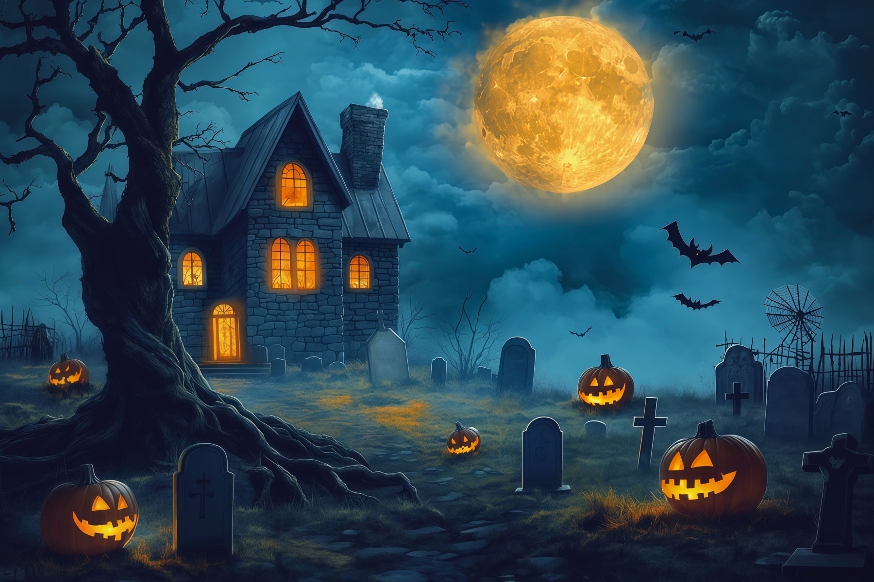 Halloween House Backdrop Golden Moon Haunted Graveyard Halloween Cemetery Backdrop UK RR67-127