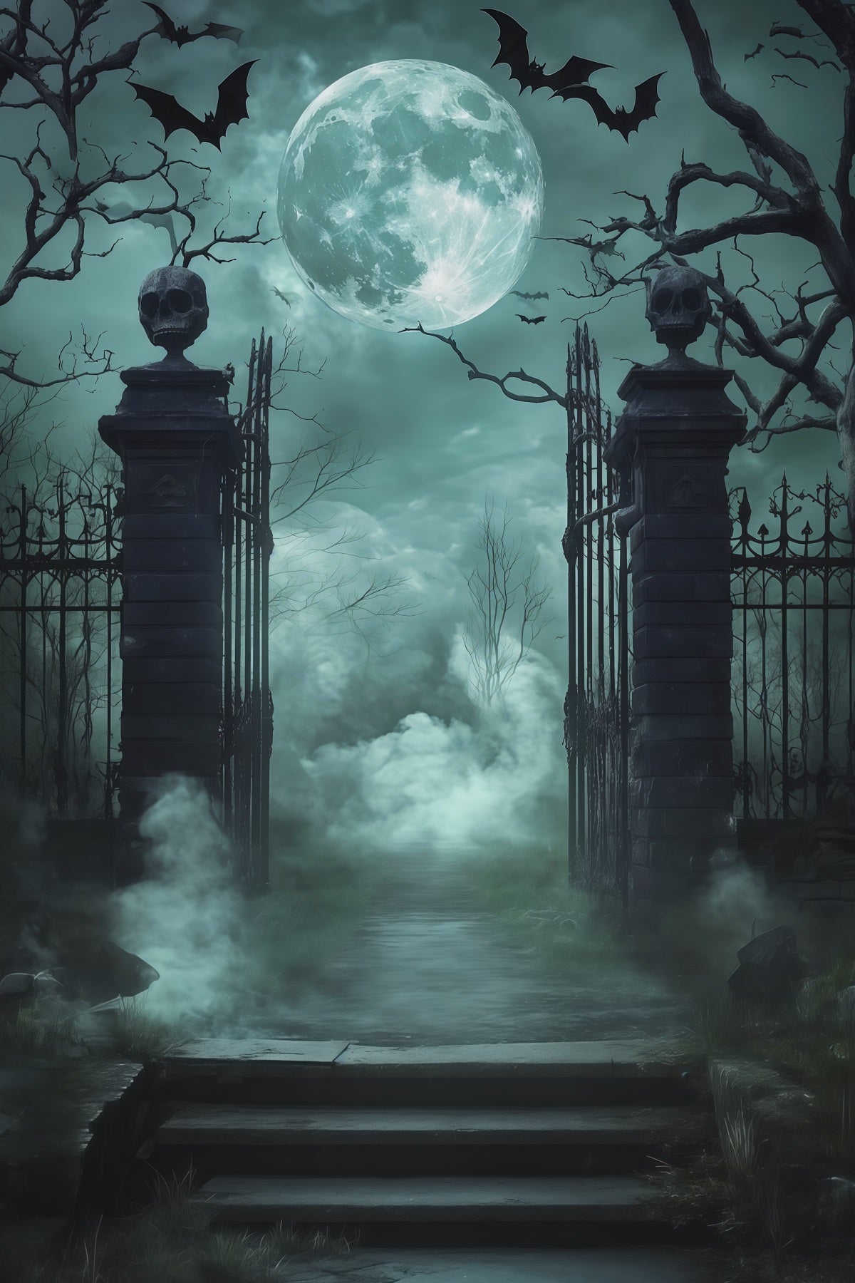 Scary Halloween Backdrop Ideas Skull Gate Foggy Cemetery Halloween Photoshoot Backdrop UK RR67-128