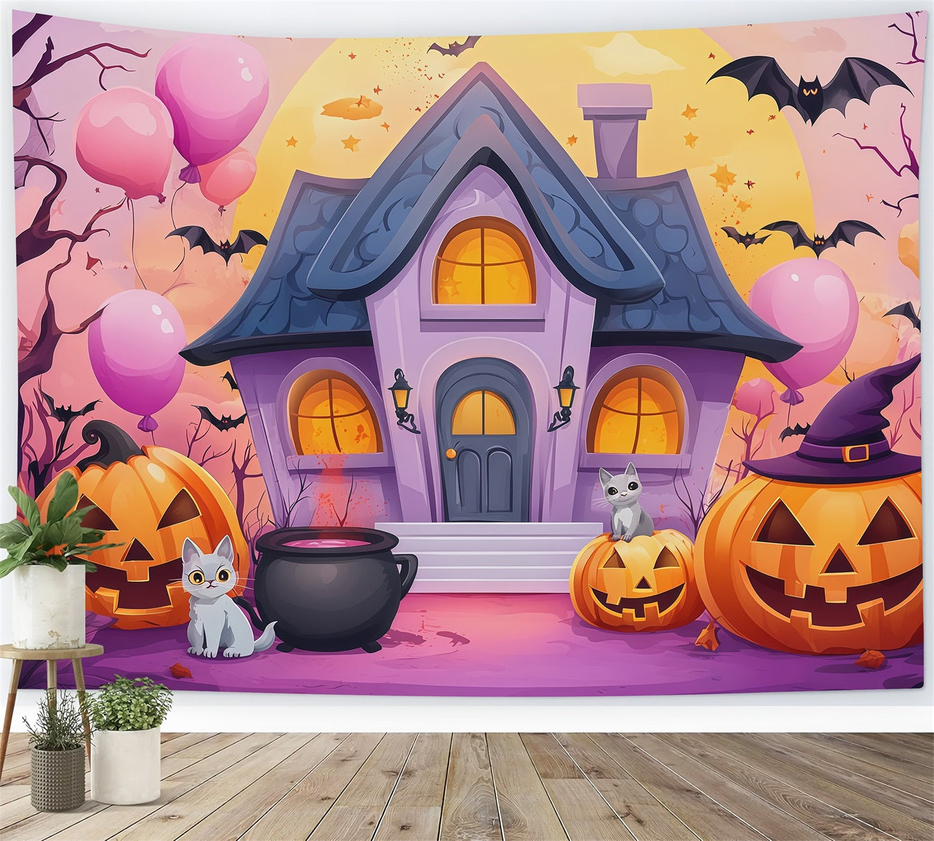 Cute Halloween Photo Backdrop Pastel Haunted House Pumpkins Backdrop Halloween UK RR67-13