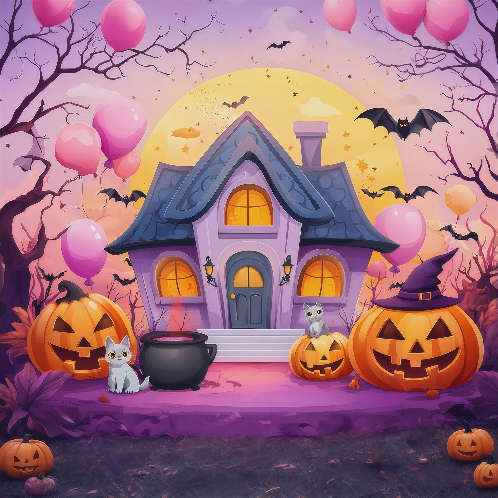 Cute Halloween Photo Backdrop Pastel Haunted House Pumpkins Backdrop Halloween UK RR67-13