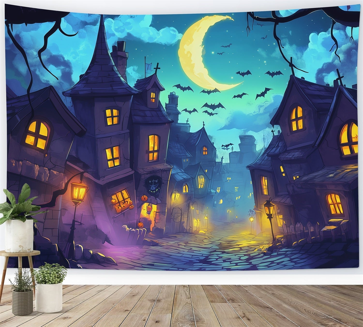 Photography Backdrops Halloween Moonlit Crooked Village Street Halloween Town Backdrop UK RR67-136